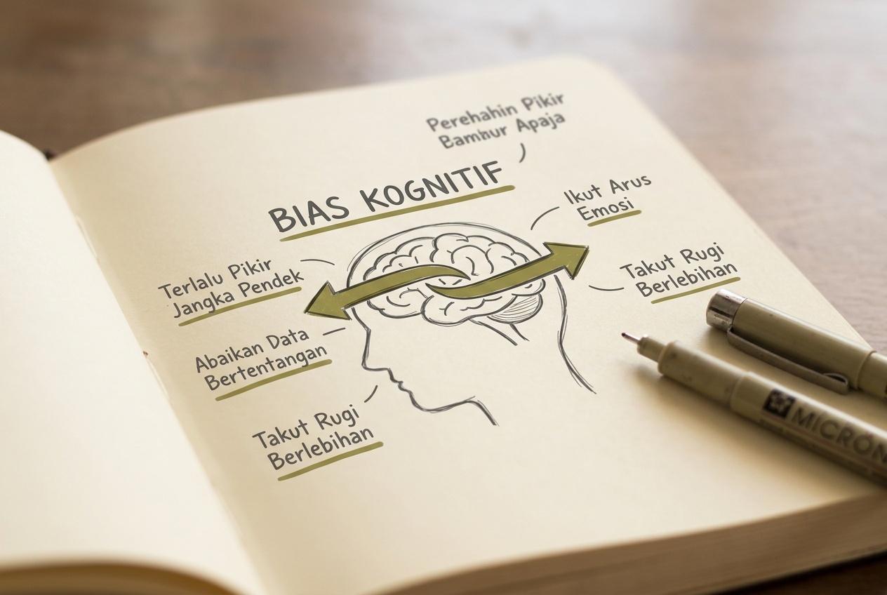 Ilustrasi otak dengan dua panah berlawanan menandakan bias kognitif pada catatan belajar.
