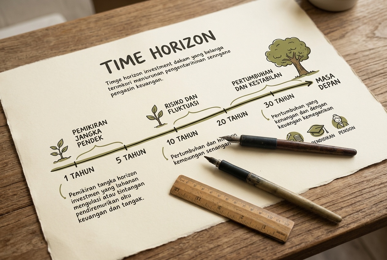 Grafik horizon waktu yang panjang digambar tangan dengan penanda tahun pada kertas krem.