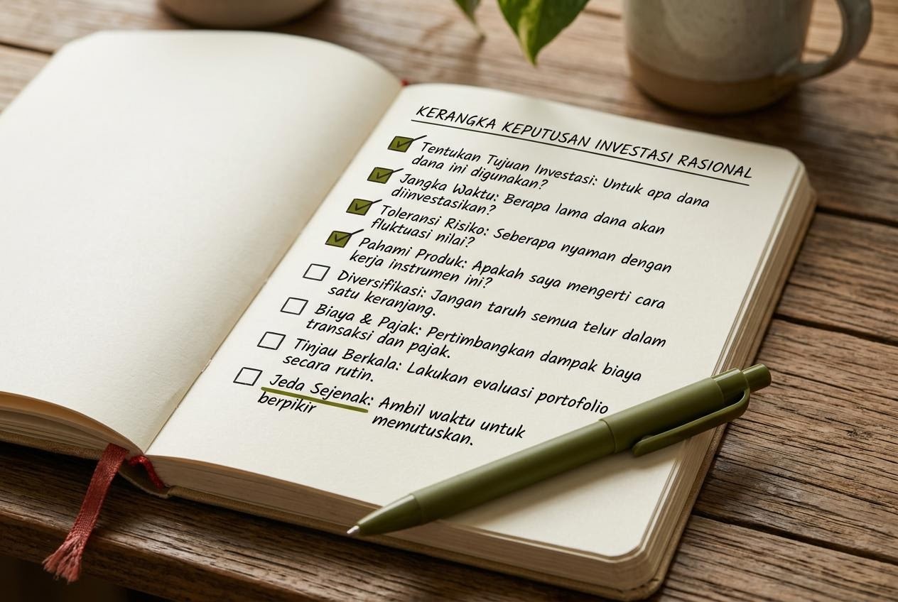 Kerangka keputusan berbentuk daftar periksa di buku catatan dengan kotak centang olive.