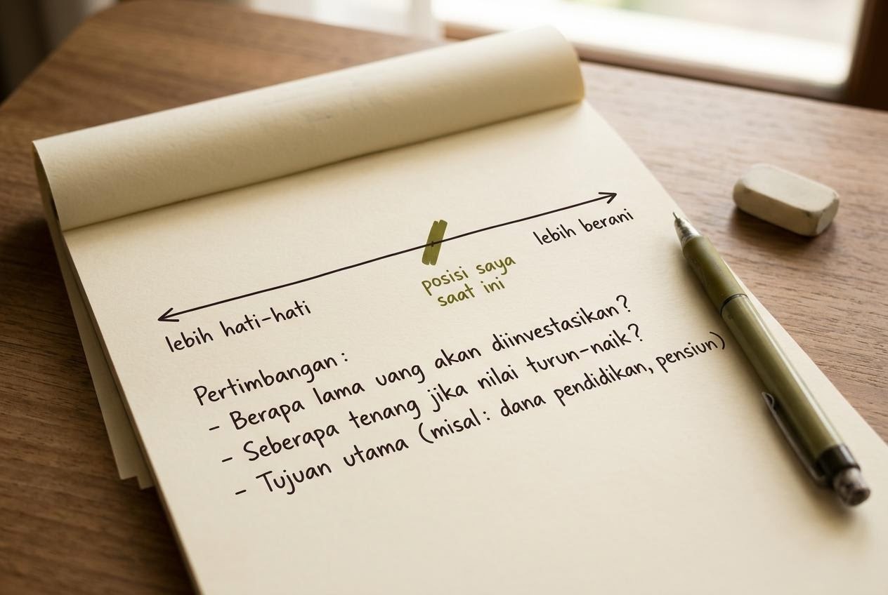 Diagram sederhana tentang toleransi risiko dengan anak panah dan catatan tangan pada kertas krem.