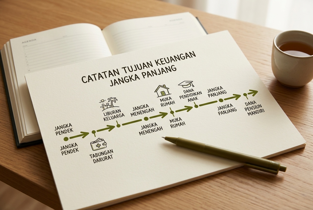 Lembar catatan berisi garis waktu tujuan keuangan jangka pendek dan panjang dengan pena olive.