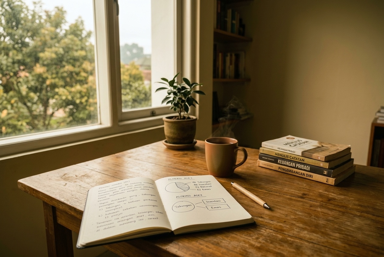 Meja belajar tenang di Bandung dengan buku catatan dan sketsa alokasi aset di pagi hari bernuansa olive.
