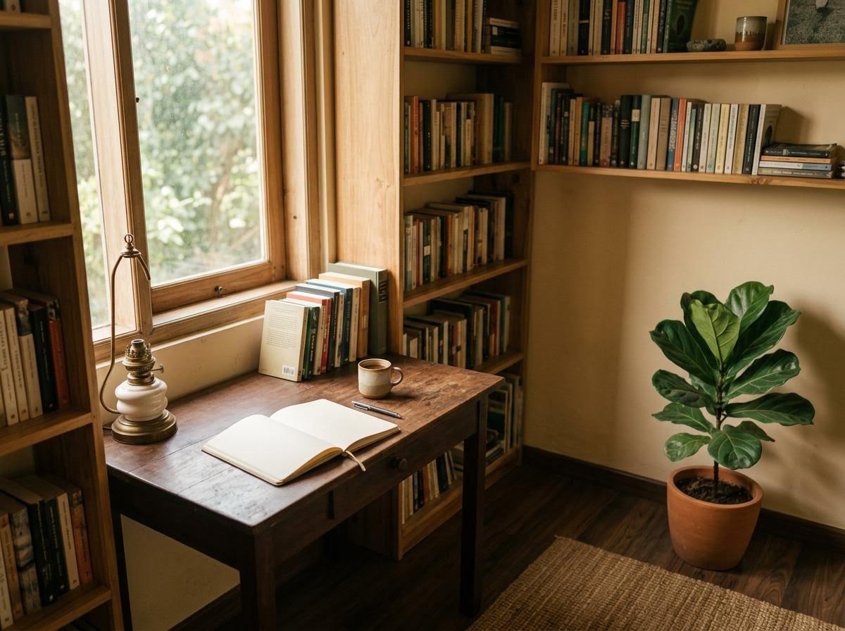 Ruang belajar tenang di Bandung dengan rak buku, meja kayu, dan lembar catatan pada cahaya olive pagi.